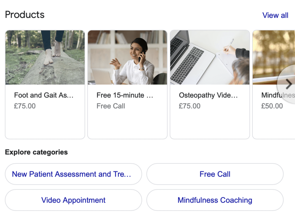 Screenshot showing products on Google Business Profile for an osteopath