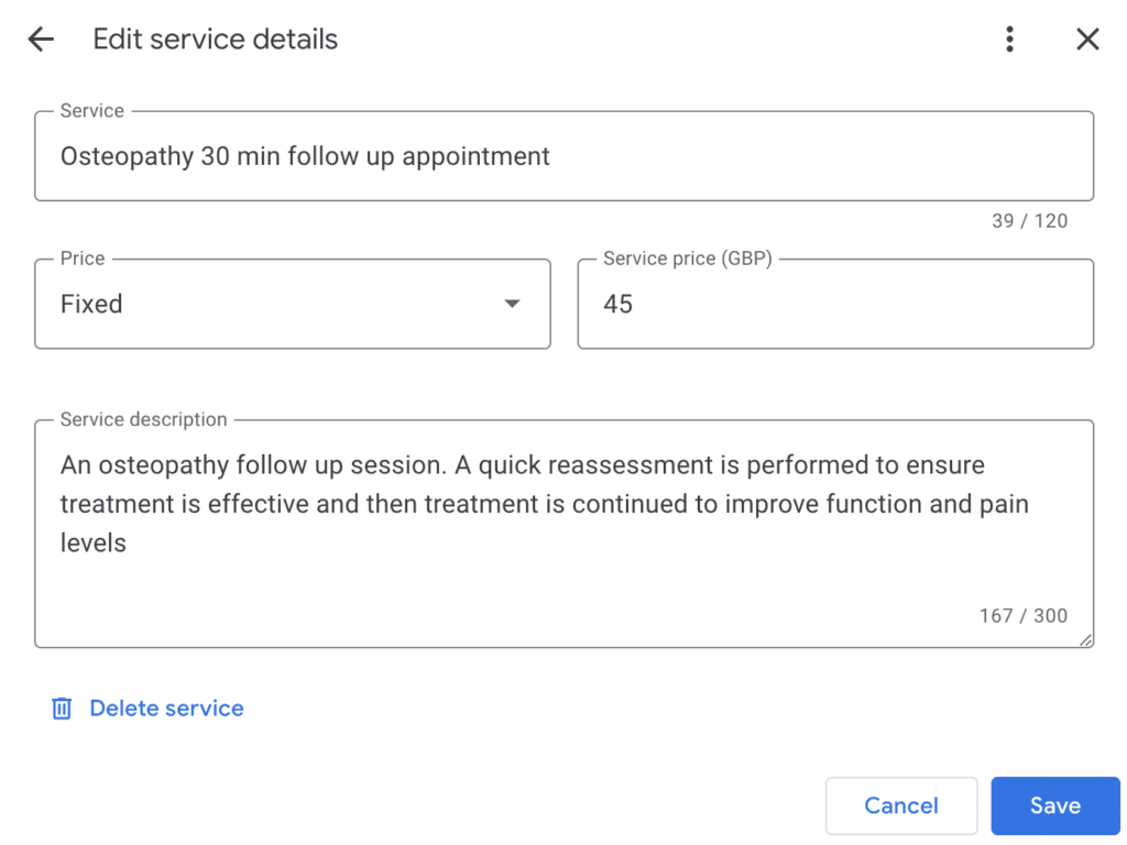 Google business profile service edit screen