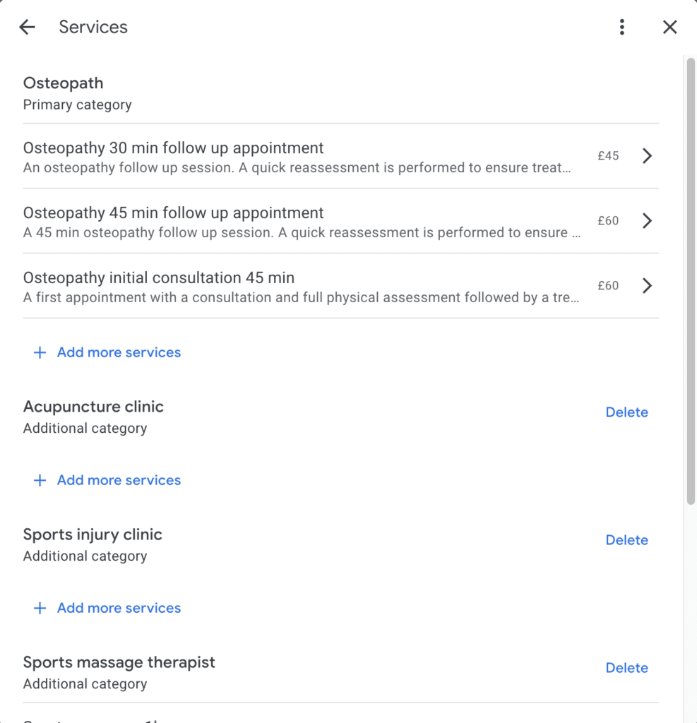 Services section of Google Business Profile